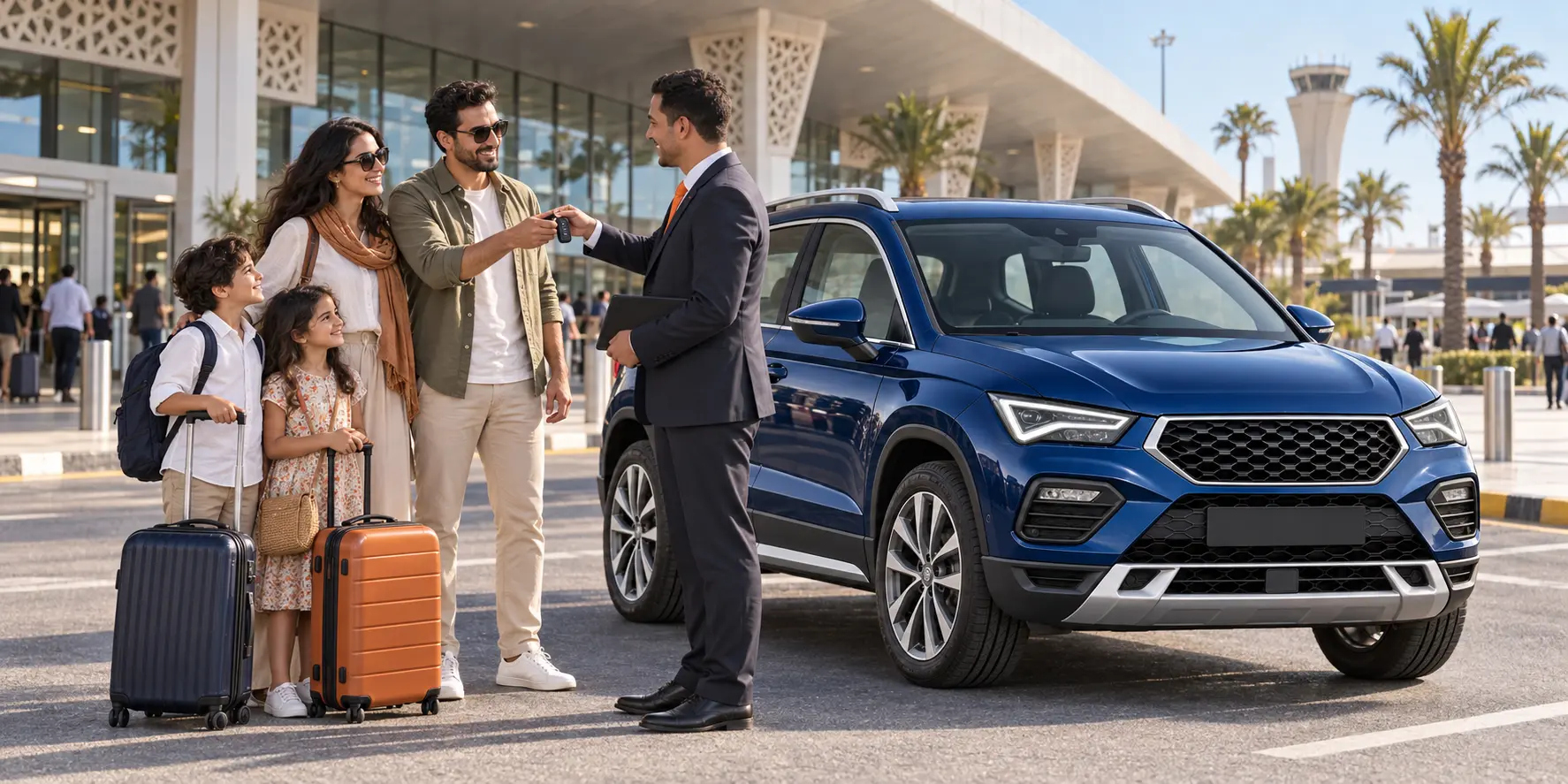 A Moroccan family receiving their rental car at Casablanca airport